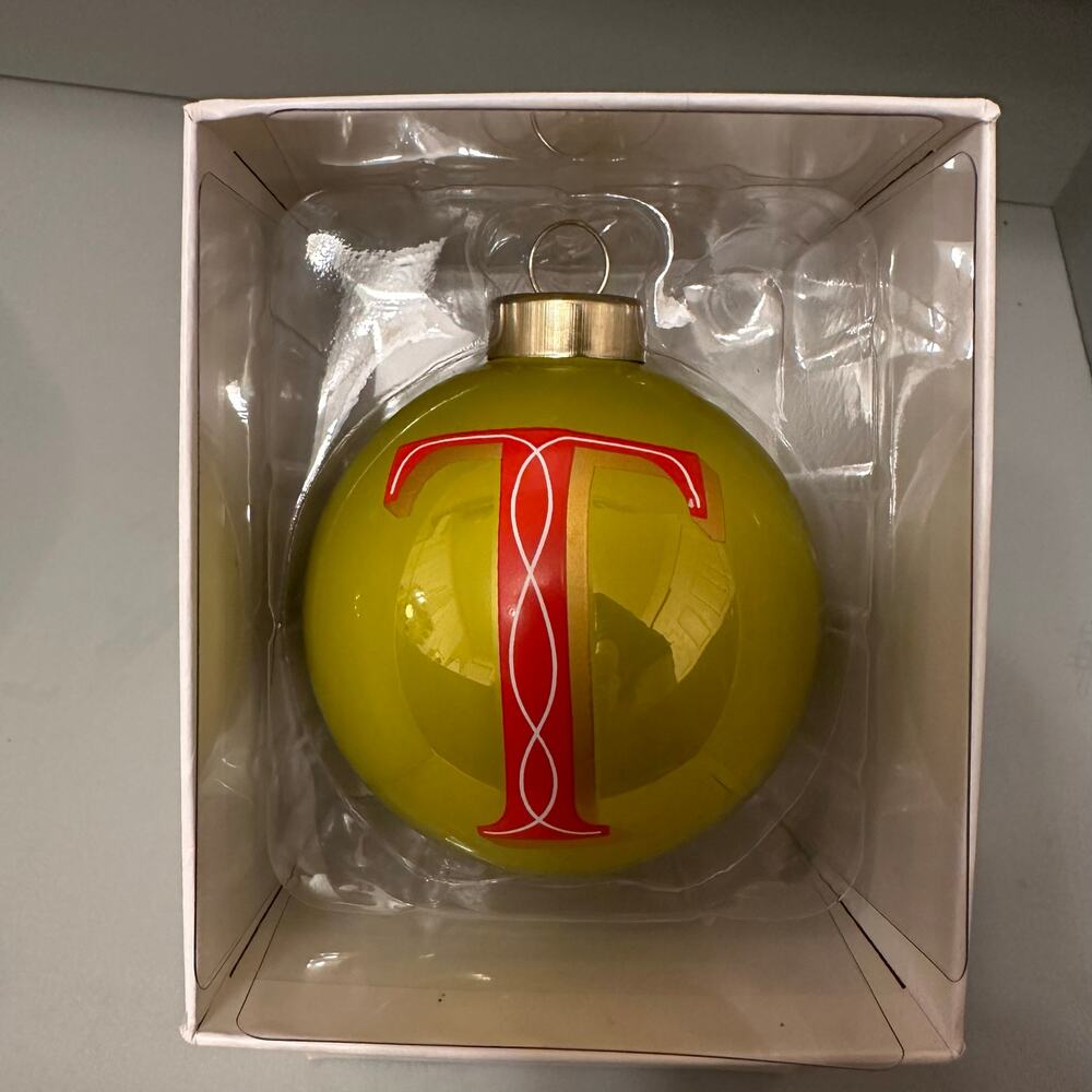 T initial Glass ornament monogram green red gold IN BOX NEW "T" Christmas